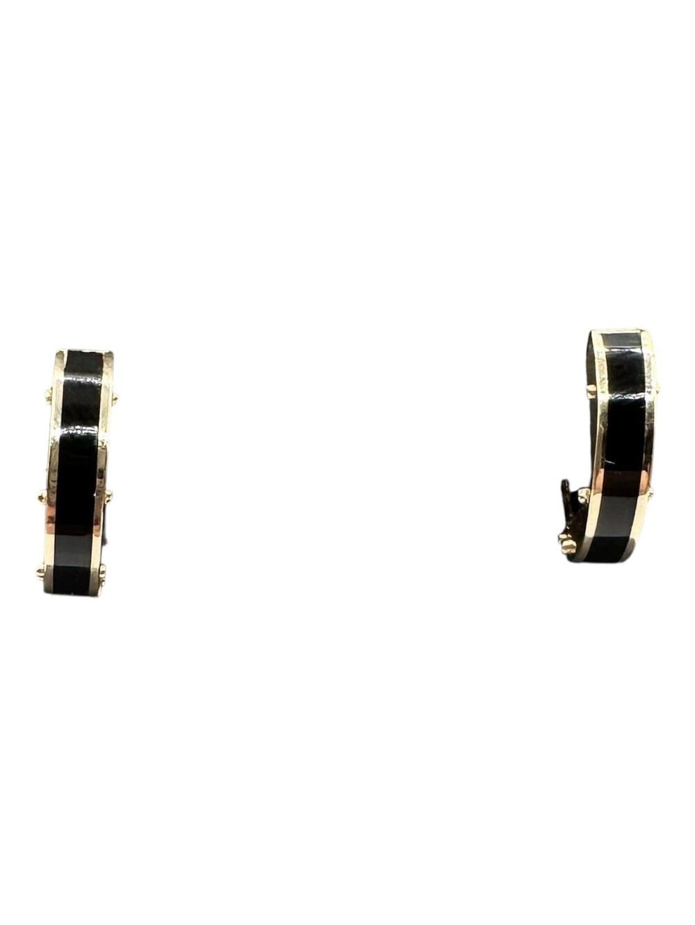 Black Enamel Inlay Huggie Earrings 14K Yellow Gold 4.3mm 14.7mm